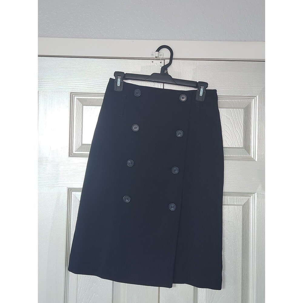 Navy Blue Striped Buttoned Wrap Midi Skirt - Picture 8 of 11